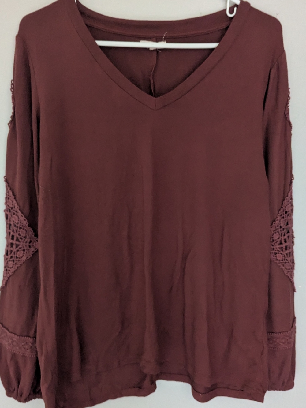 Maurices Crochet-Sleeve V-Neck Top in Burgundy